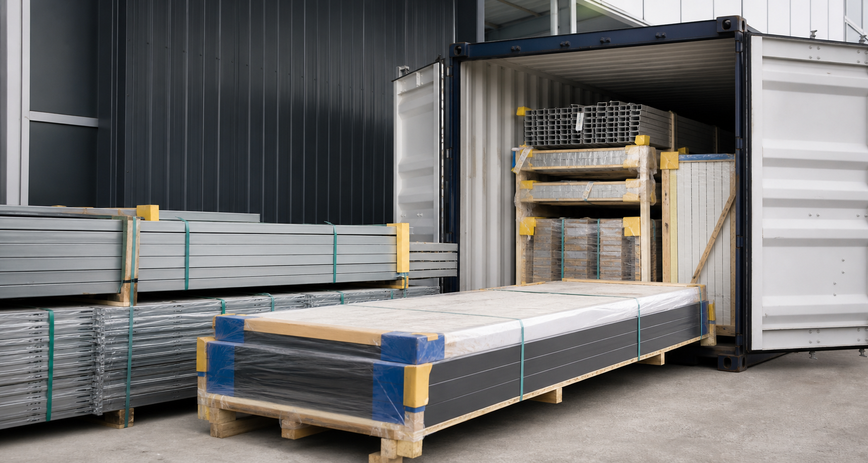 Concept visualization of protected flat-pack building components prepared for container loading