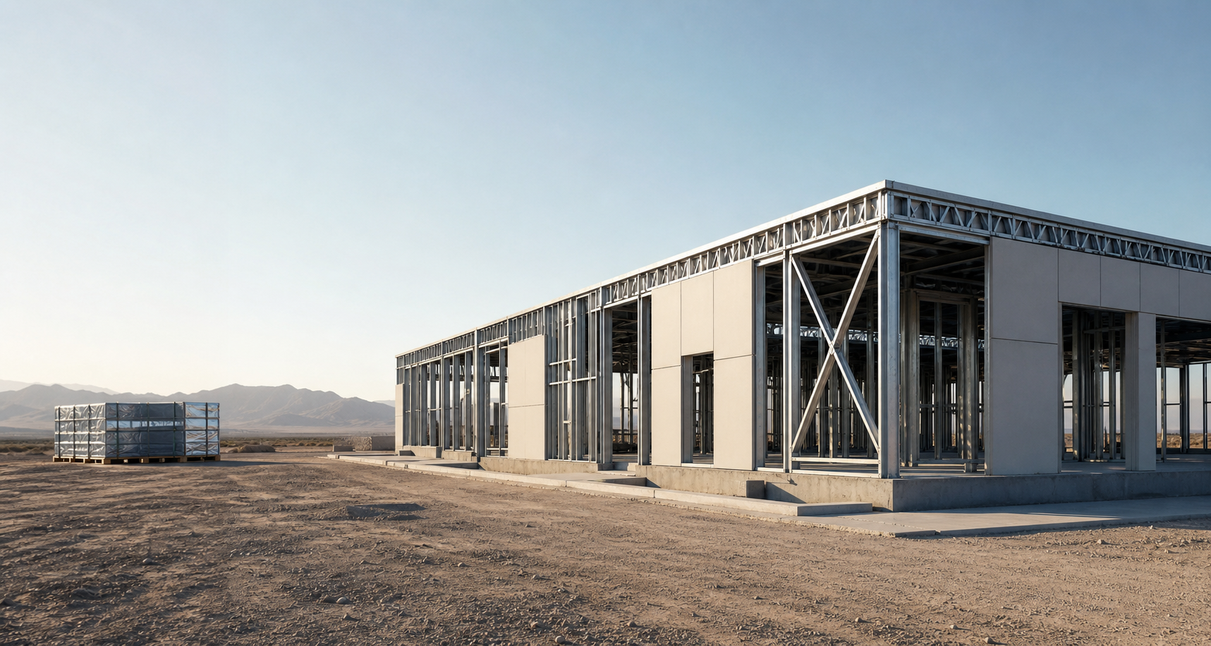 Concept visualization of a panelized light steel building during coordinated assembly