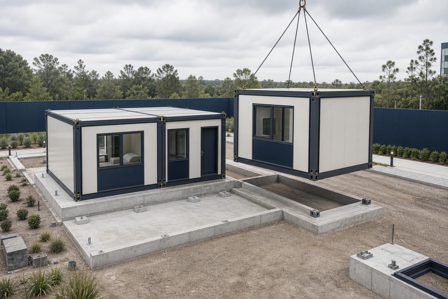 Concept visualization of volumetric modular units being positioned on prepared foundations